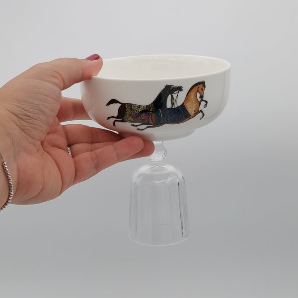 Torkaman Horses Small Low Bowl With Clear Glass Stand