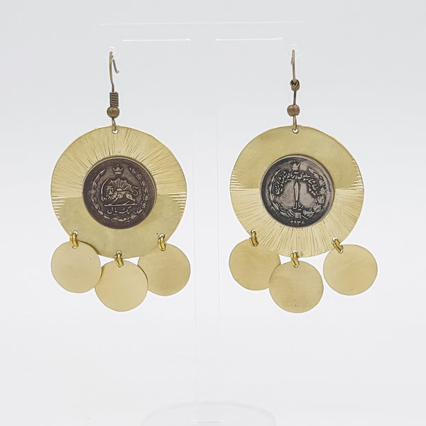 Pahlavi Coin Brass Earring with Brass Drops