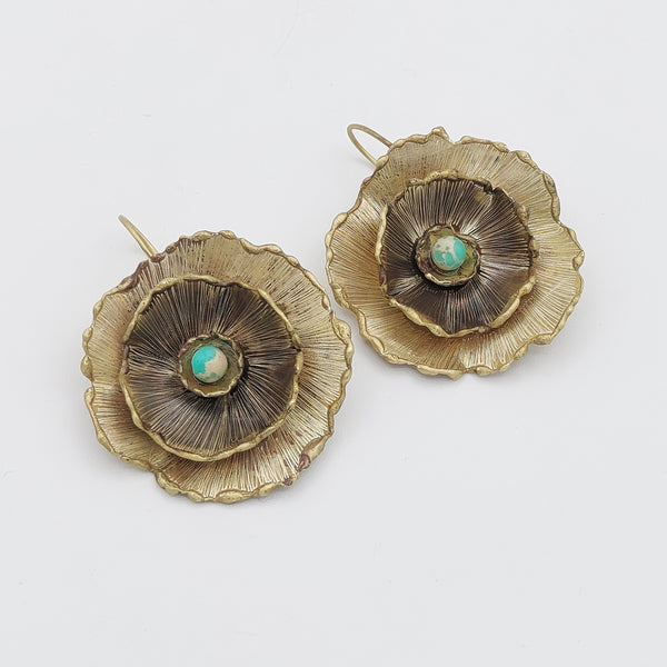 Large Brass Flower Earrings with African Turquoise