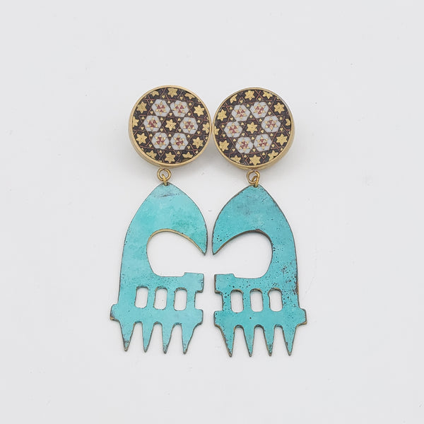 Large Ax Head Brass-Blue Patina Earring