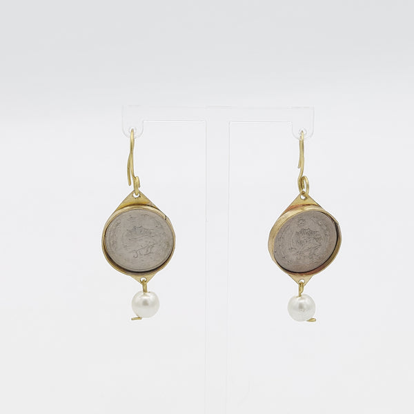 Single Pearl Pahlavi Coin Earrings