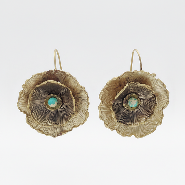 Large Brass Flower Earrings with African Turquoise