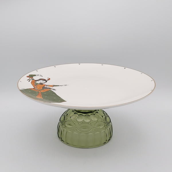 Hand Painted Qajar Lady Dancing Serving Plate with Olive Green Glass Stand