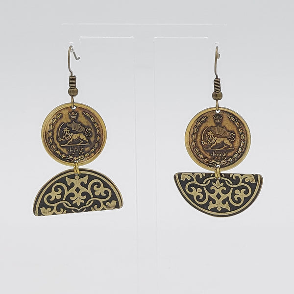 Asymmetrical Brass Pahlavi Coin Earring