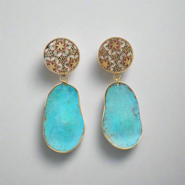 Adorn-Khatam Brass-Blue Patina Earring