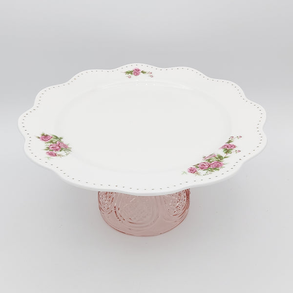 Wavy Rim Golesorkhi Plate With Gold Touches & Pink Glass Stand