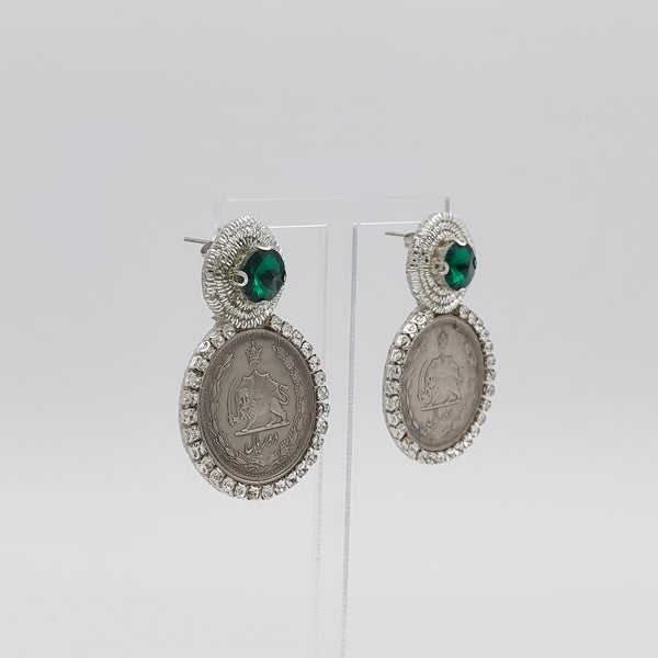 Pahlavi Coin Earrings with Round Gems and Crystals