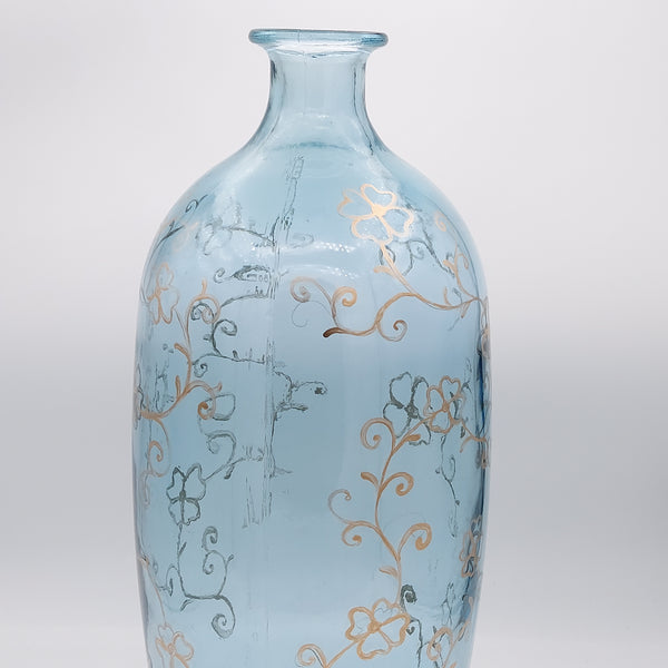 Hand Painted Gold Flowers on Blue Glass Vase