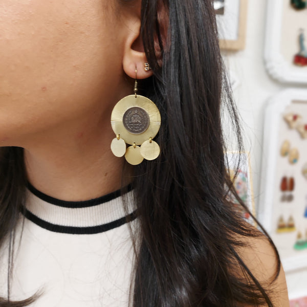 Pahlavi Coin Brass Earring with Brass Drops