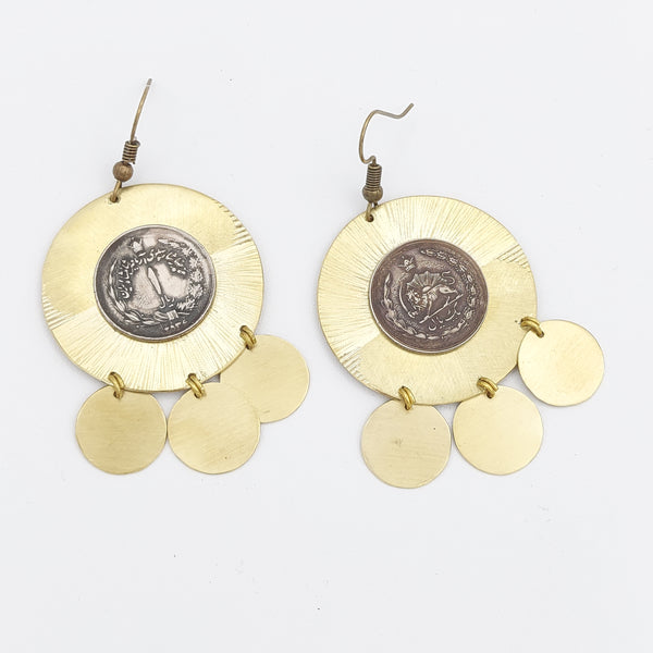 Pahlavi Coin Brass Earring with Brass Drops