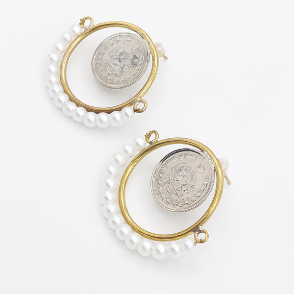 Pahlavi Coin Brass Earring with Pearl