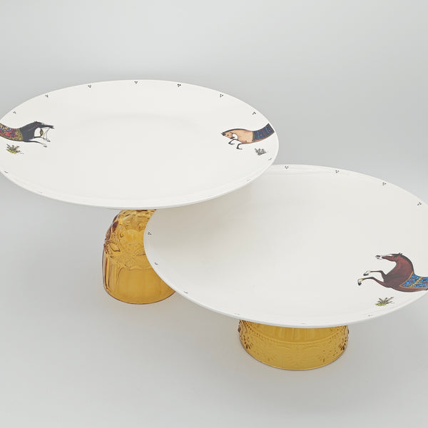 Torkaman Horses Round Plate with Amber Glass Stand