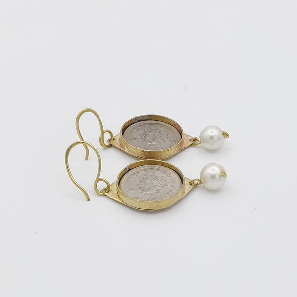 Single Pearl Pahlavi Coin Earrings