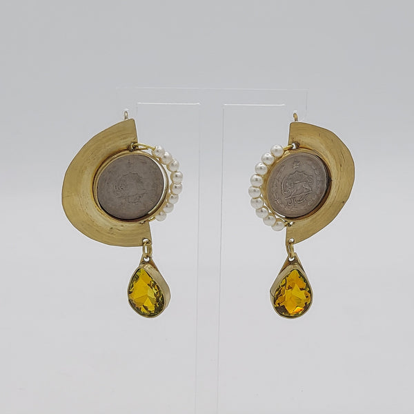Pahlavi Coin Gem & Pearl Earrings