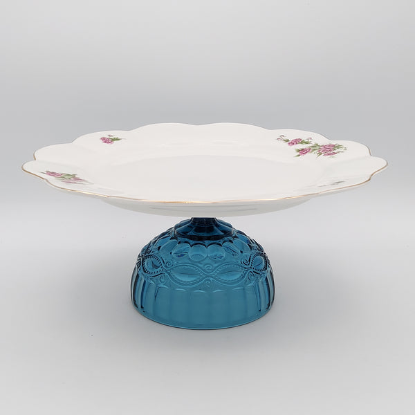 Large Wavy Golesorkhi Plate With Gold Rim & Short Blue Glass Stand