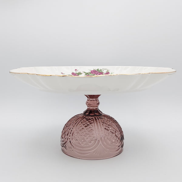 Wavy Golesorkhi Serving Plate With Gold Rim & Purple Glass Stand