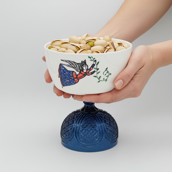 Hand Painted Persian Angel Deep Bowl with Glass Stand