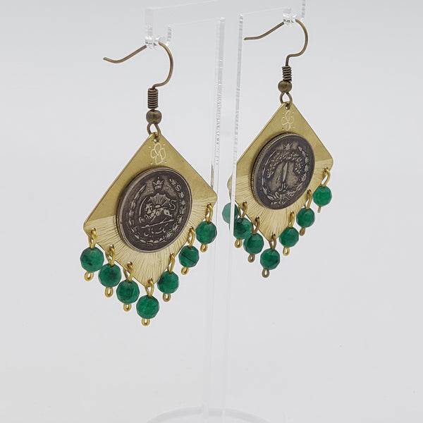 Pahlavi Coin Brass Earring with Green Stones