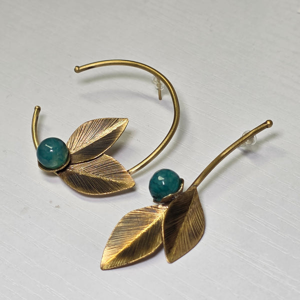 Asymmetrical Leaves Brass Earrings with Green Onyx