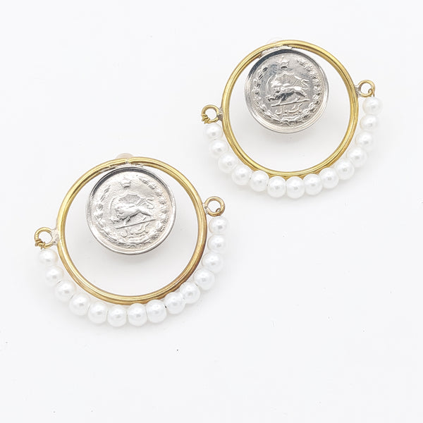 Pahlavi Coin Brass Earring with Pearl