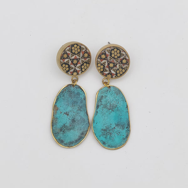 Adorn-Khatam Brass-Blue Patina Earring