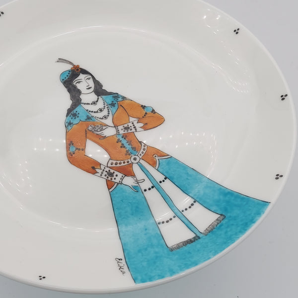 Hand Painted Qajar Lady Plate with Blue Glass Stand