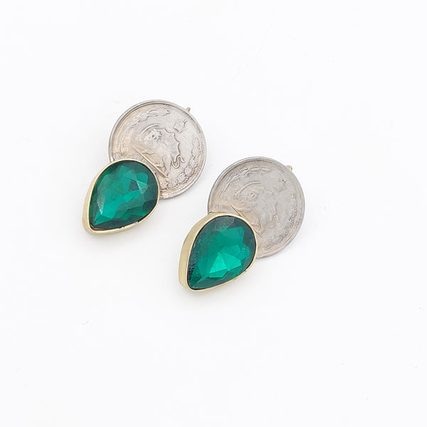 Green Tear Brass Earring with Pahlavi Coin