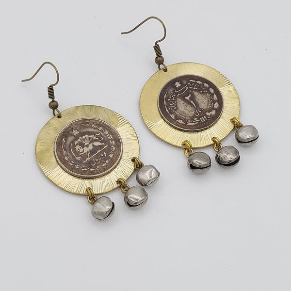 Pahlavi Coin Brass Earring with Three Drops