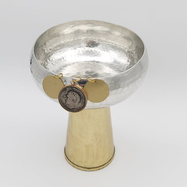 Copper Bowl with Brass Stand & Pahlavi Coin
