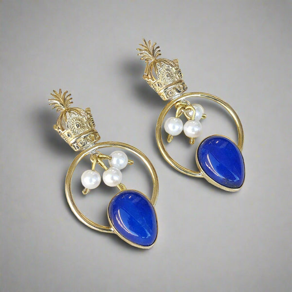 Blue Crown Brass Earrings with Pearl