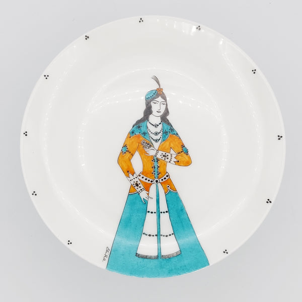 Hand Painted Turquoise Qajar Lady Plate with Glass Stand