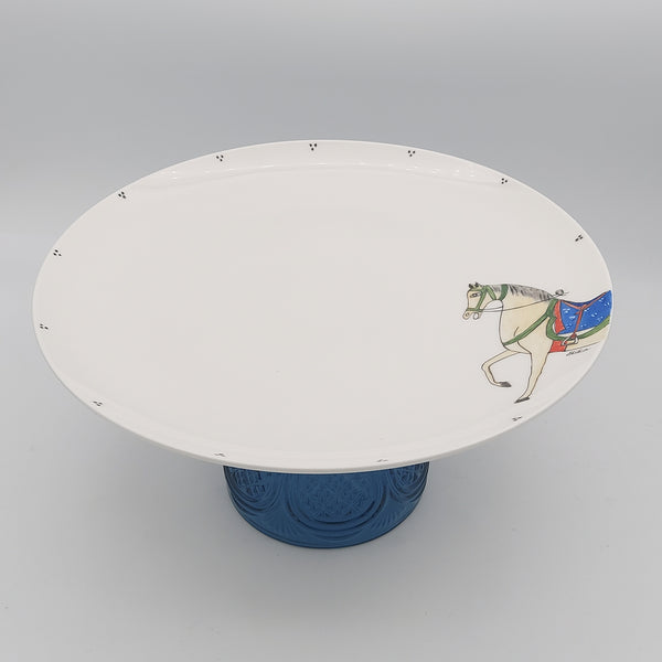 Hand Painted Beige Horse Serving Dish & Blue Glass Stand
