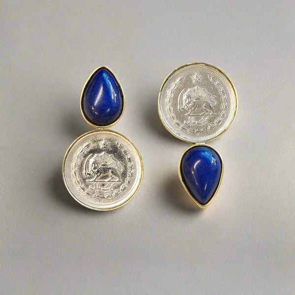 Pahlavi Coin Brass Earring with blue pear shape