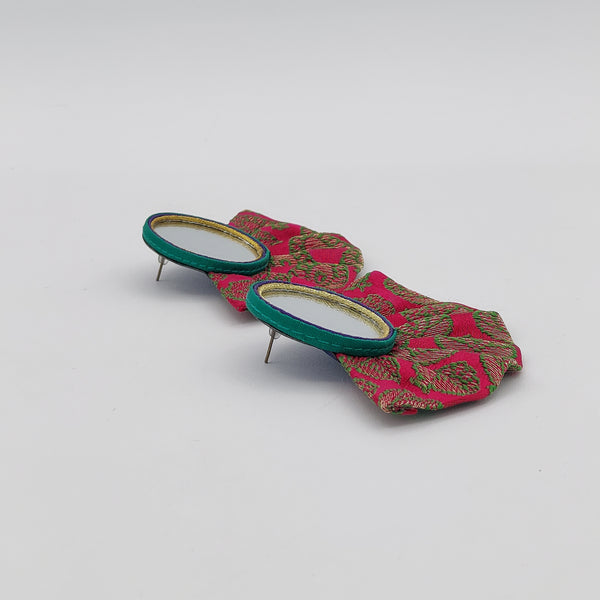 Large Pink Circle Mirror Earrings with Pleated Fabric