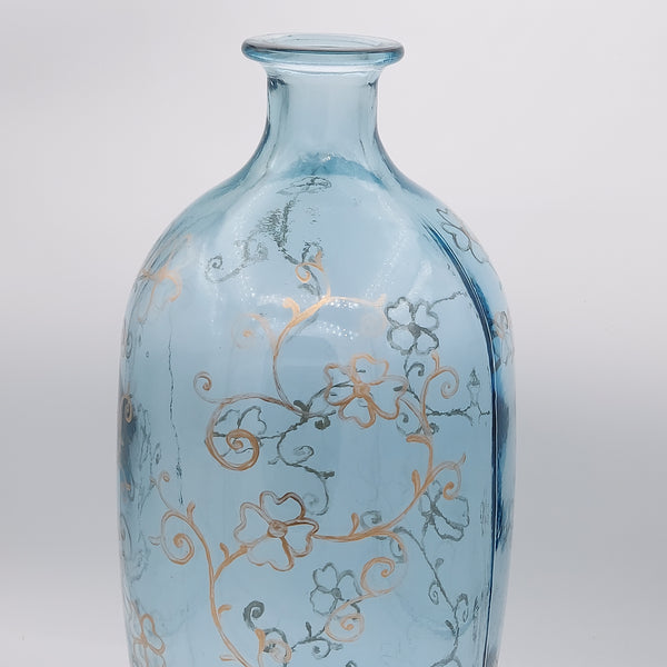 Hand Painted Gold Flowers on Blue Glass Vase