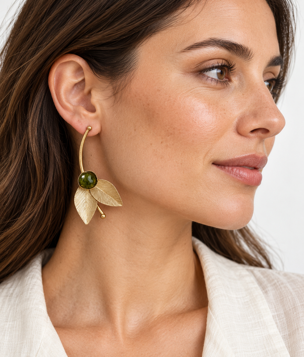 Asymmetrical Leaves Brass Earrings with Agate New