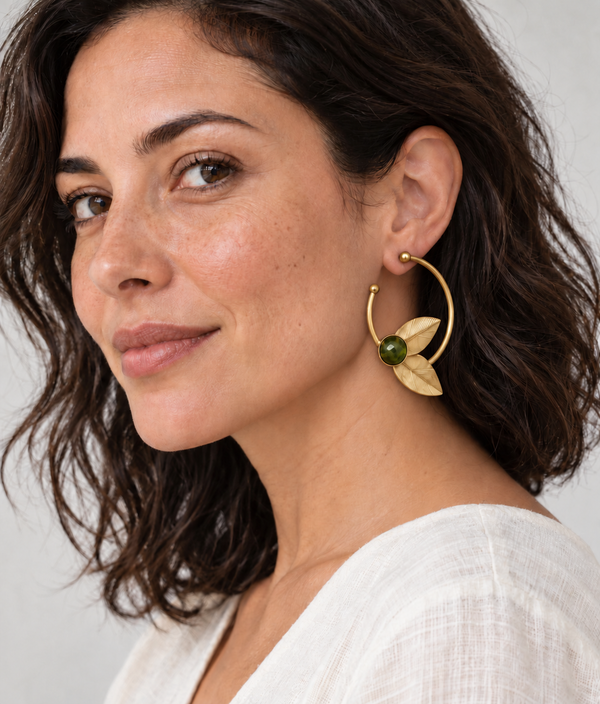 Asymmetrical Leaves Brass Earrings with Agate New