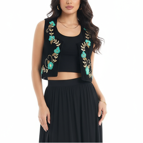 Woman wearing a black outfit with floral embroidery on a white background