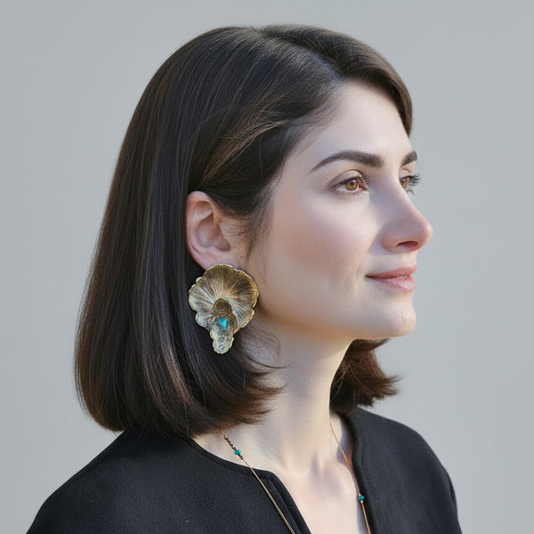Large Bark Asymmetrical Brass Statement Earrings