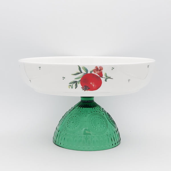 Pomegranate Low Bowl with Green Glass Stand