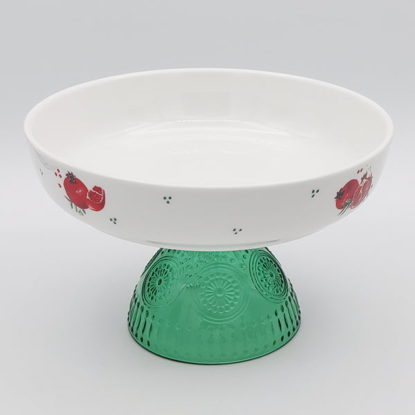 Pomegranate Low Bowl with Green Glass Stand