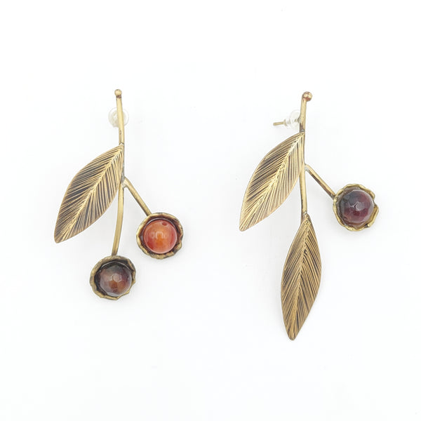 Asymmetrical Flower Brass Earrings with Agate
