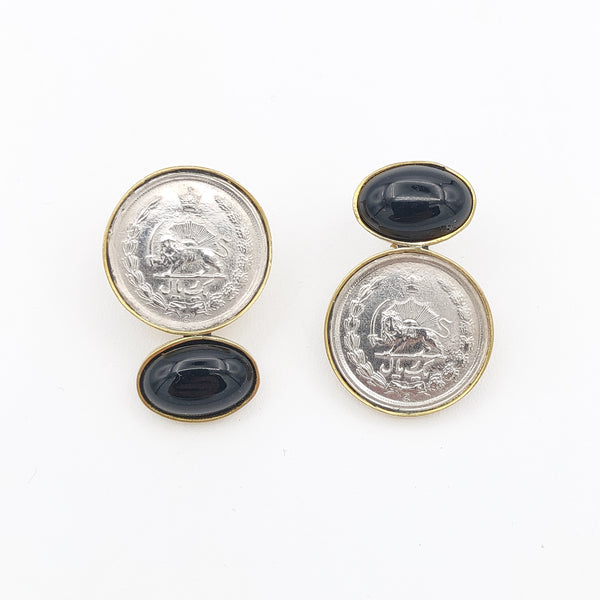 Asymmetrical Brass Earrings with Pahlavi Coin & Black Onyx