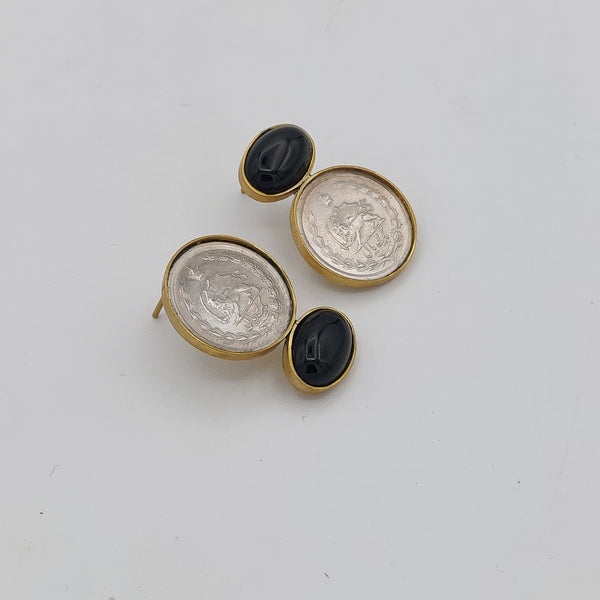 Asymmetrical Brass Earrings with Pahlavi Coin & Black Onyx