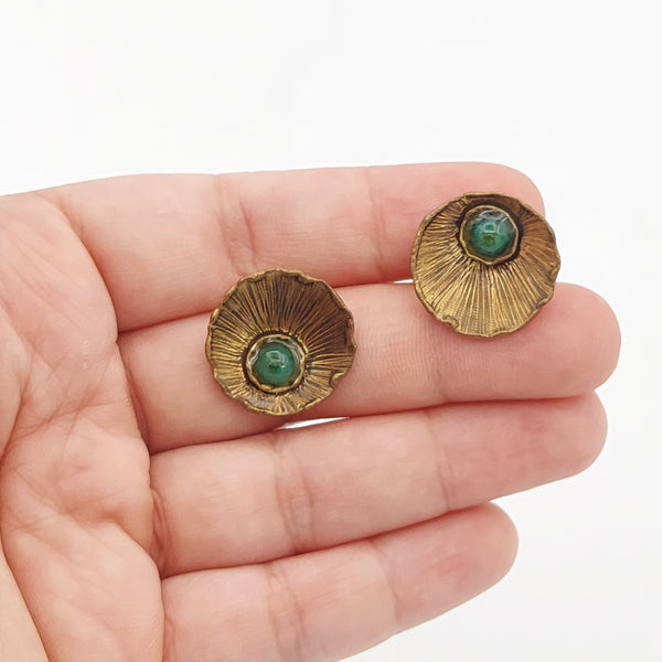 Bloom Brass Earrings with Green Agate