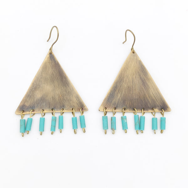 Triangle Brass Earrings with Turquoise Drops