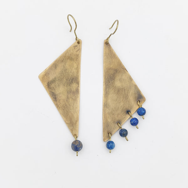 Asymmetrical Triangle Brass Earrings with Lapis Lazuli Drops