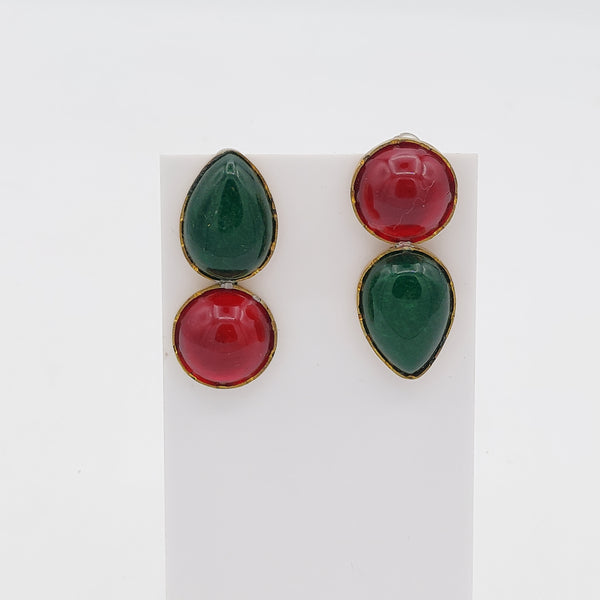Asymmetrical Red & Green Brass Earrings