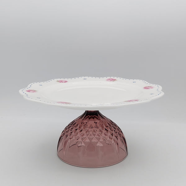 Wavy Rim Medium Rose Plate with Purple Glass Stand