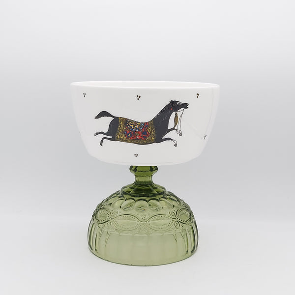 Torkaman Horse Deep Bowl with Olive Green Stand